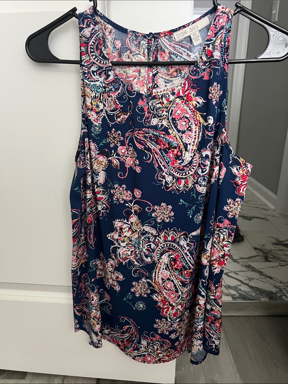 Poe Sky Navy Paisley Sleeveless Blouse